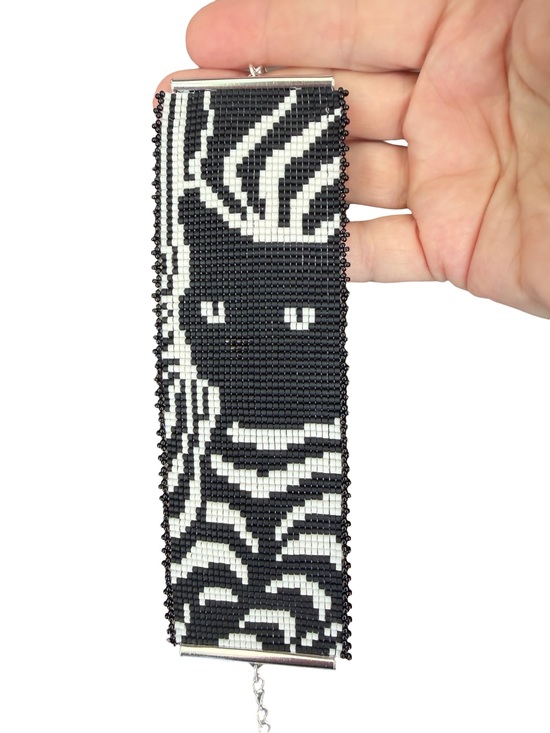 Hand Crafted Jewelry - Modern Black Cat Handwoven Bead Loom Statement Cuff